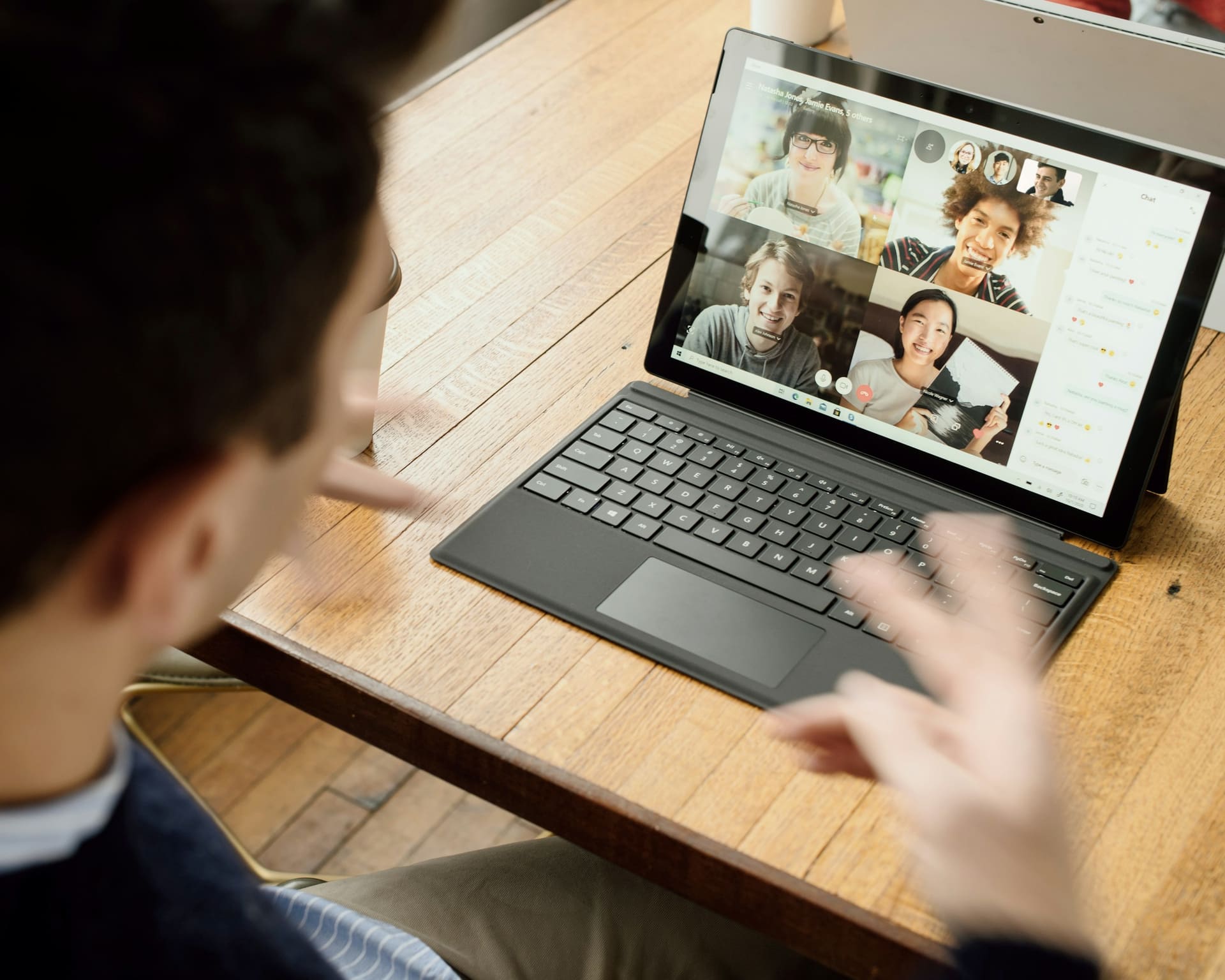 Business technology context: a camera positioned for a video call.