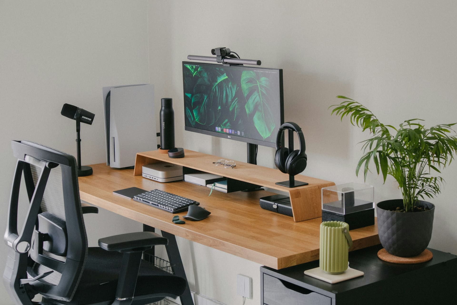 Professional workstation context: a complete desk arrangement with computing equipment.